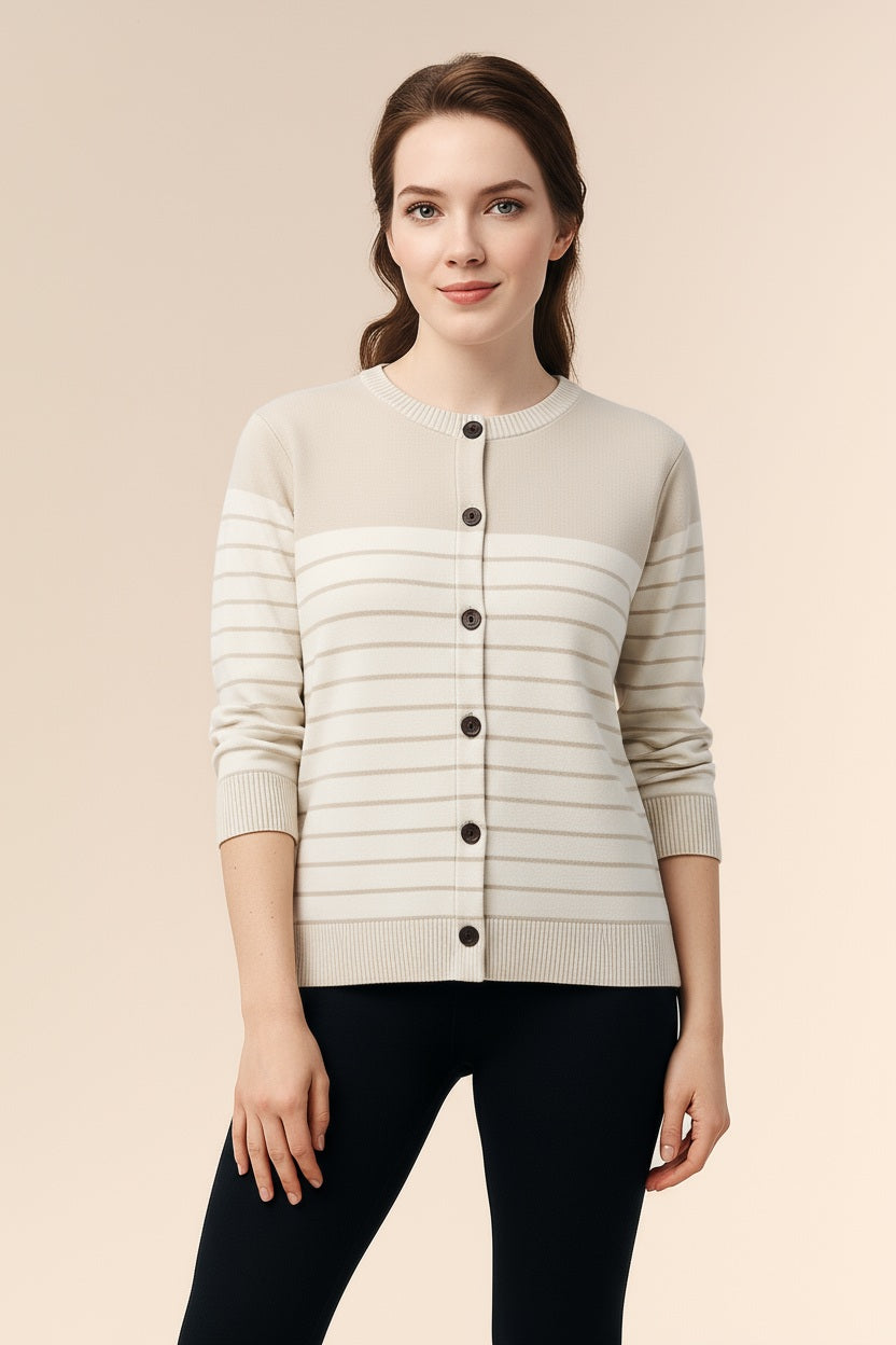 Women Striped Round Neck Cardigan Sweater