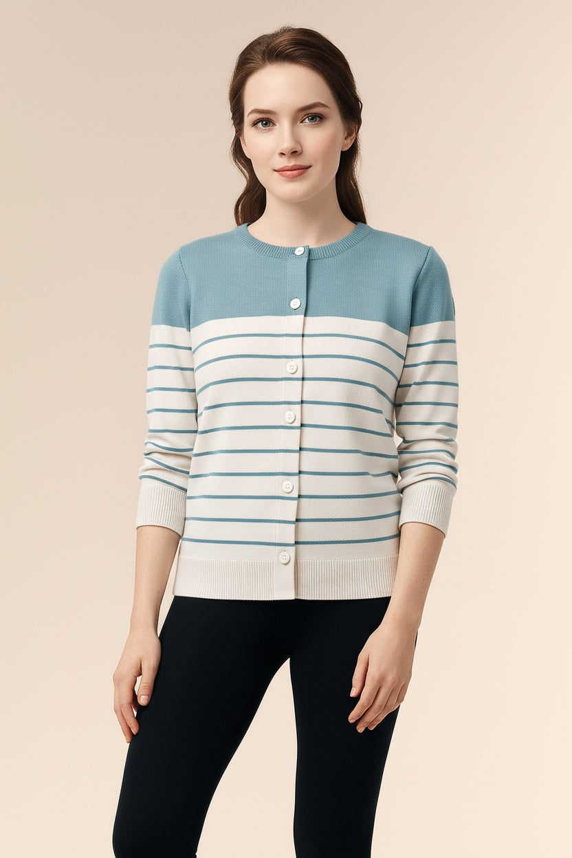 Women Striped Round Neck Cardigan Sweater