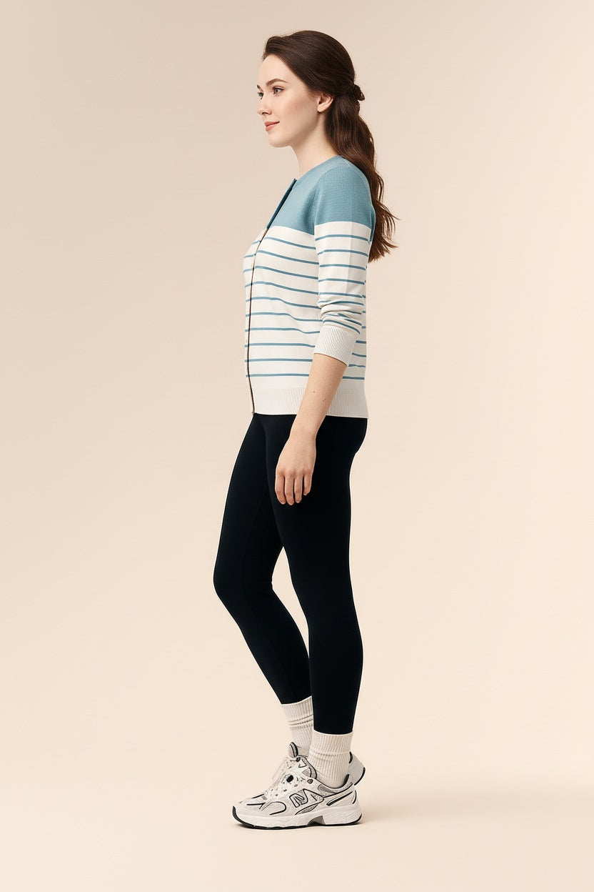 Women Striped Round Neck Cardigan Sweater