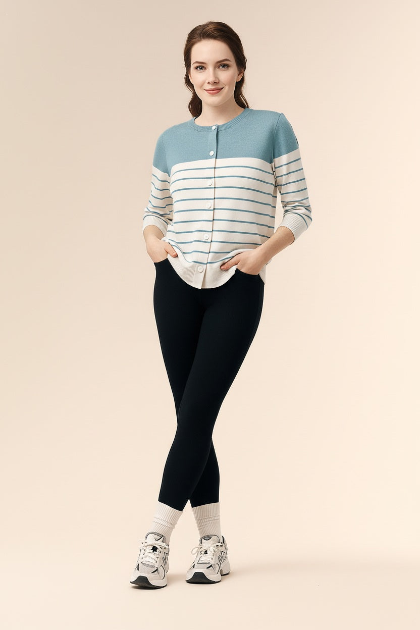 Women Striped Round Neck Cardigan Sweater