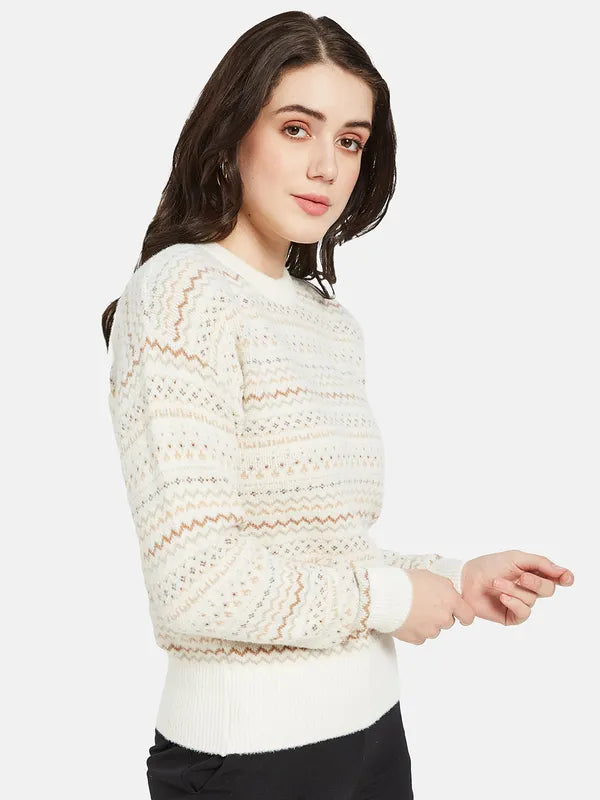 Mettle Women Cream-Coloured  Brown Chevron Printed Pullover