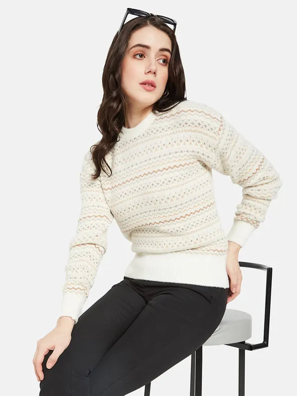 Mettle Women Cream-Coloured  Brown Chevron Printed Pullover