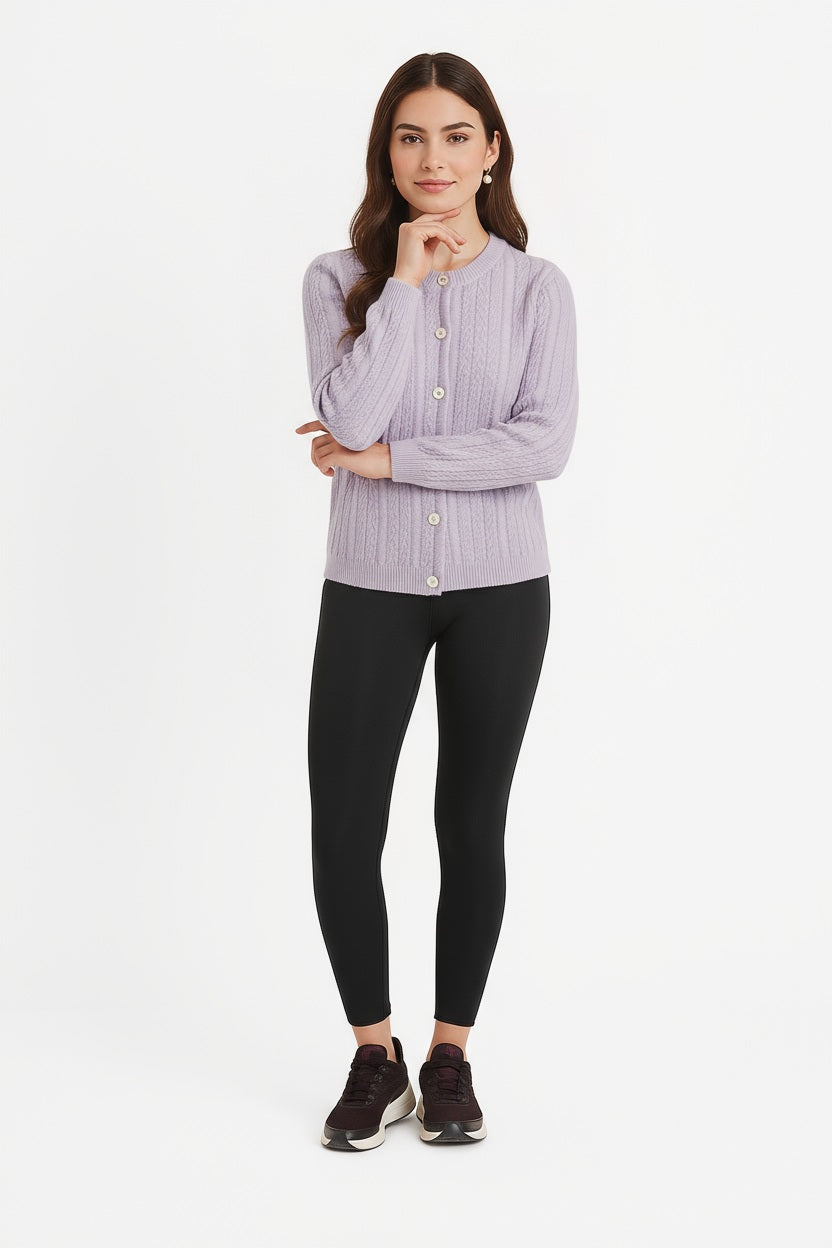 Women Cable Knit Cardigan Round Neck Sweater