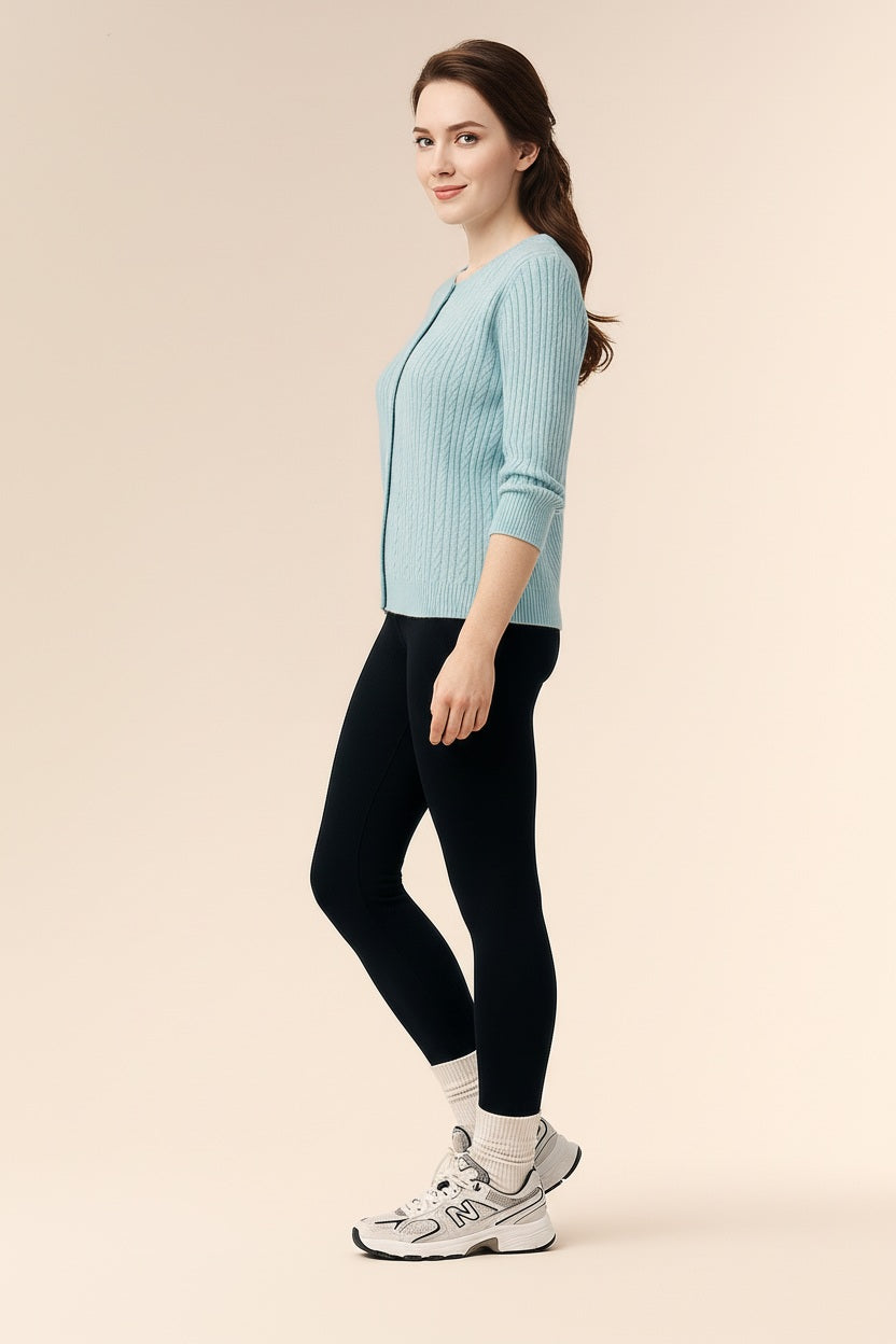 Women Cable Knit Cardigan Round Neck Sweater