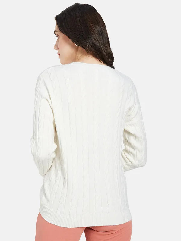 Mettle Women White Cable Knit Pullover