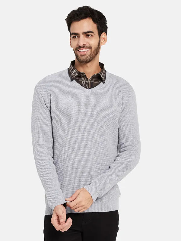 Mettle Open Knit Self Design V-Neck Ribbed Cotton Pullover