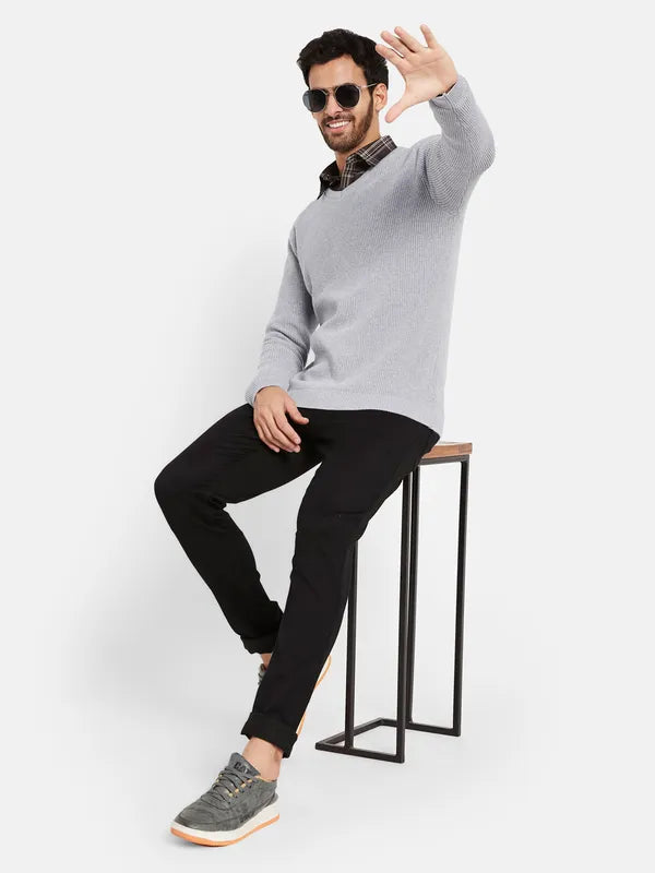 Mettle Open Knit Self Design V-Neck Ribbed Cotton Pullover