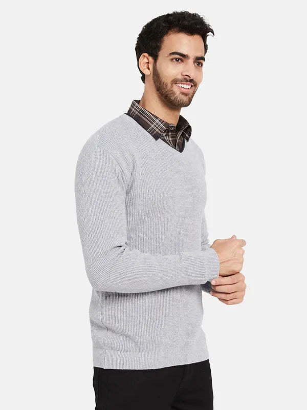 Mettle Open Knit Self Design V-Neck Ribbed Cotton Pullover