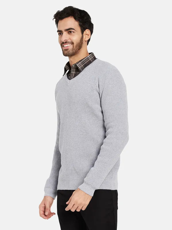 Mettle Open Knit Self Design V-Neck Ribbed Cotton Pullover