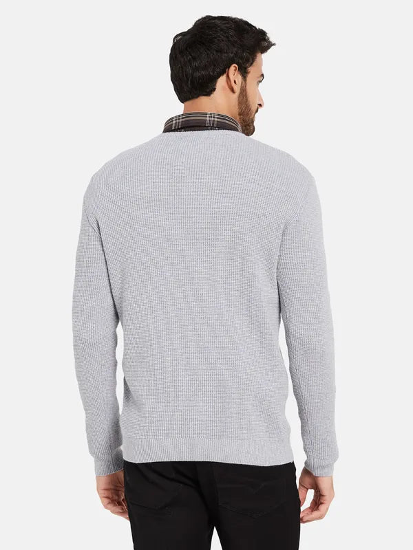 Mettle Open Knit Self Design V-Neck Ribbed Cotton Pullover