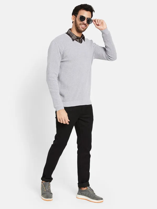 Mettle Open Knit Self Design V-Neck Ribbed Cotton Pullover