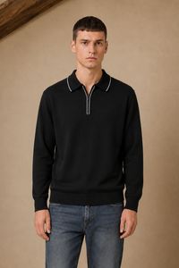 Men’s Black  Half-Zip Polo Collar Sweater – Regular Fit Full Sleeve Winter Pullover
