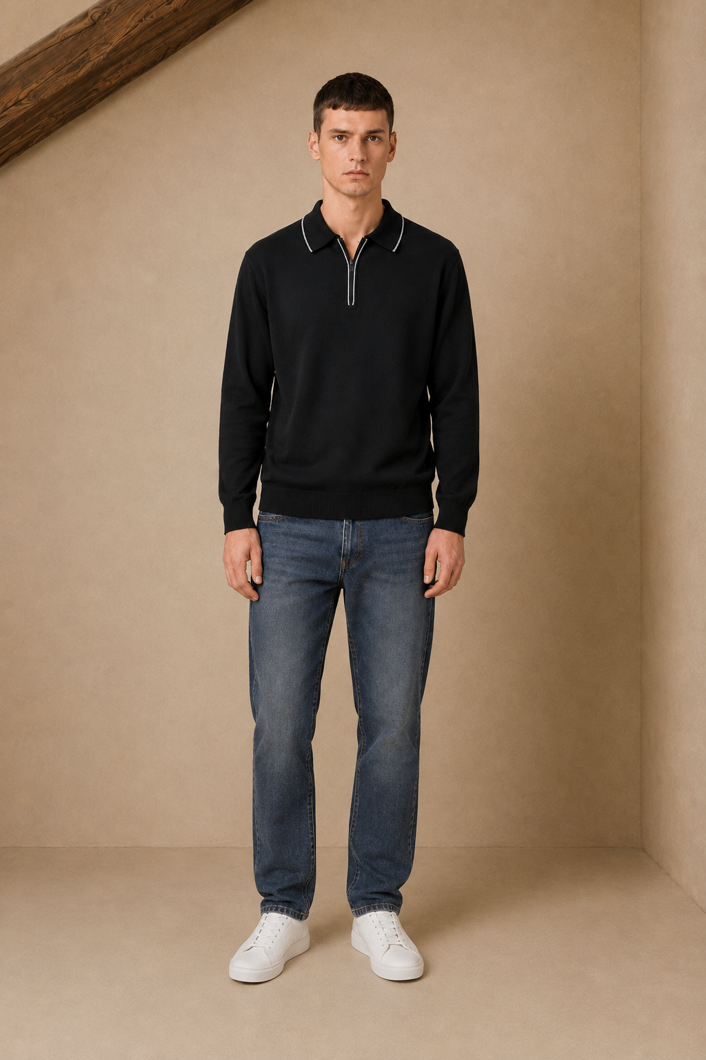 Men’s Black  Half-Zip Polo Collar Sweater – Regular Fit Full Sleeve Winter Pullover