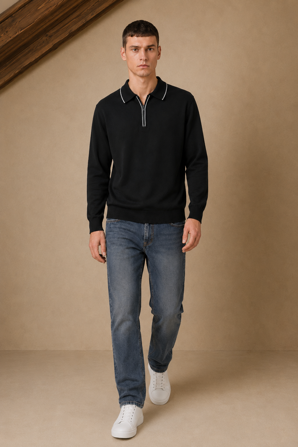Men’s Black  Half-Zip Polo Collar Sweater – Regular Fit Full Sleeve Winter Pullover