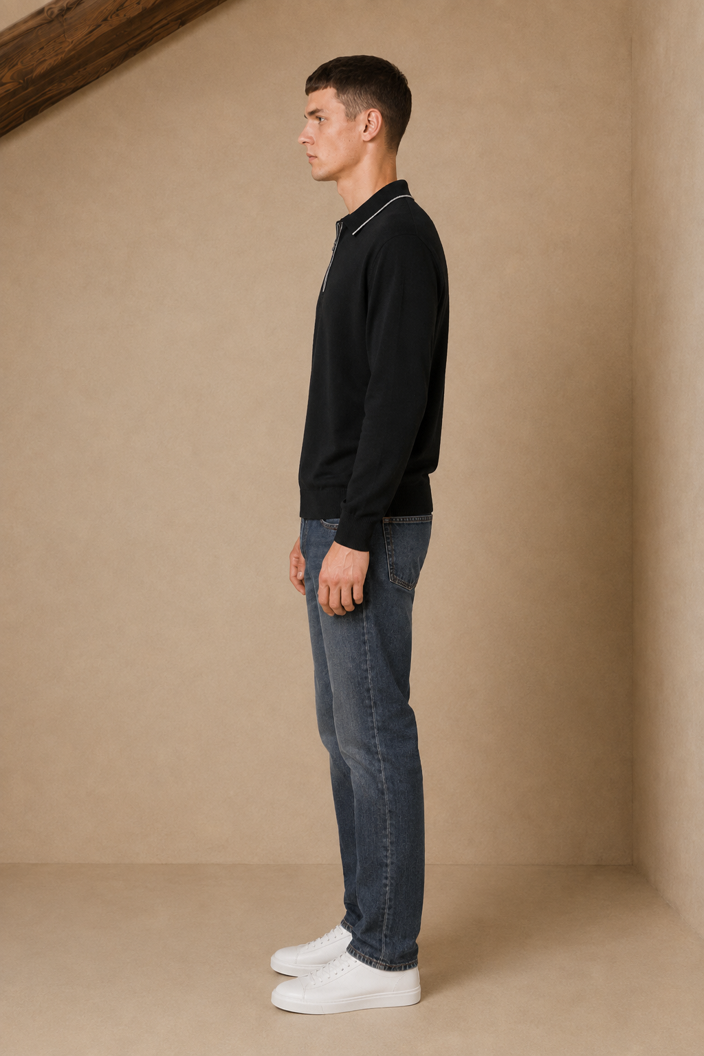 Men’s Black  Half-Zip Polo Collar Sweater – Regular Fit Full Sleeve Winter Pullover