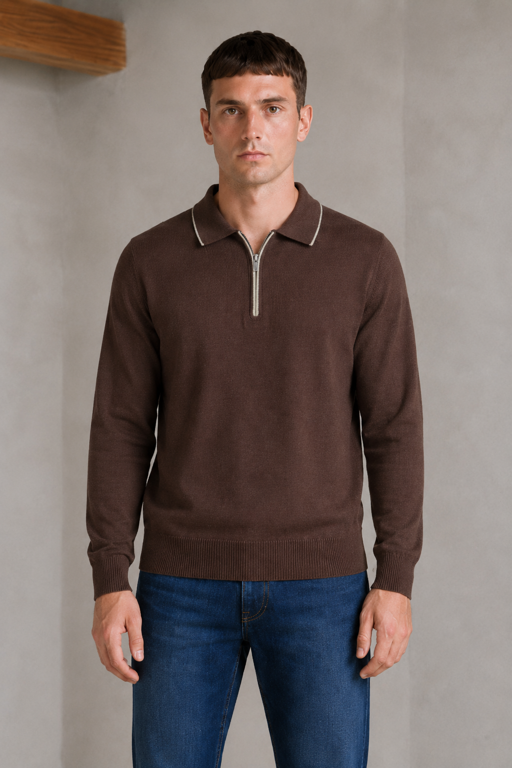 Men’s Coffee Vislon Half-Zip Polo Collar Sweater – Regular Fit Full Sleeve Winter Pullover