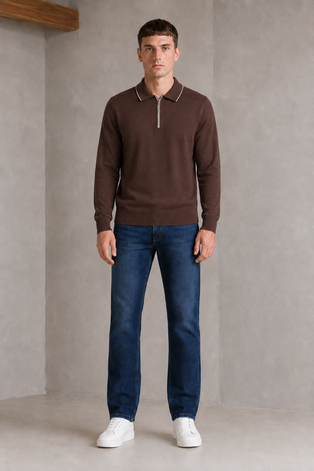 Men’s Coffee Vislon Half-Zip Polo Collar Sweater – Regular Fit Full Sleeve Winter Pullover
