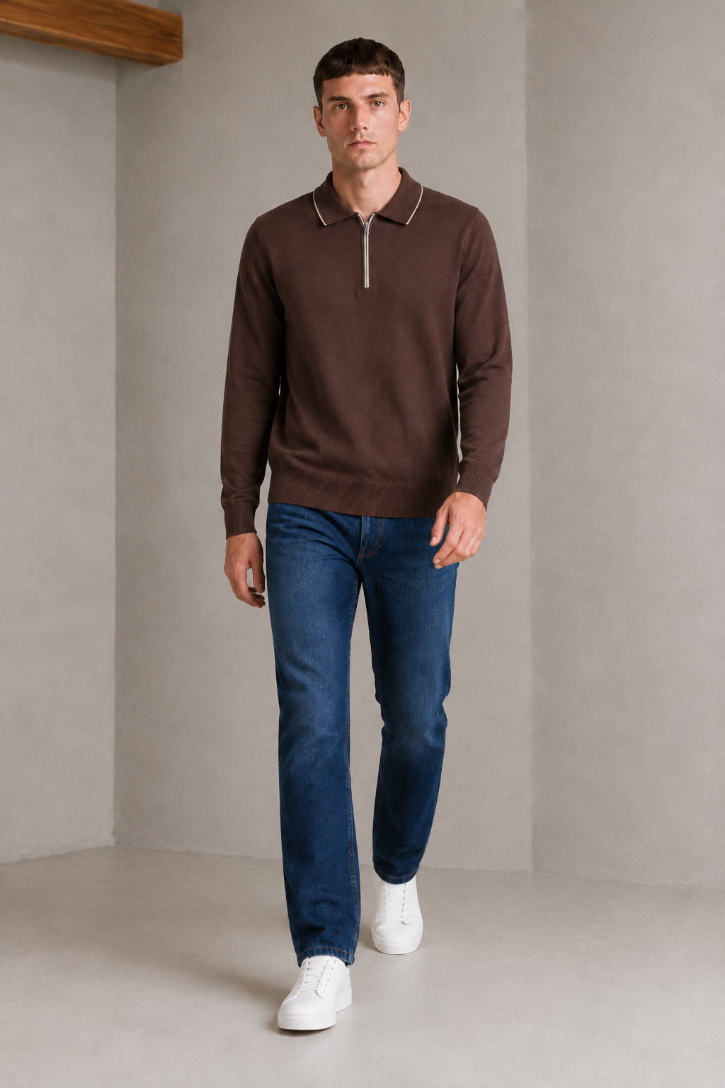 Men’s Coffee Vislon Half-Zip Polo Collar Sweater – Regular Fit Full Sleeve Winter Pullover