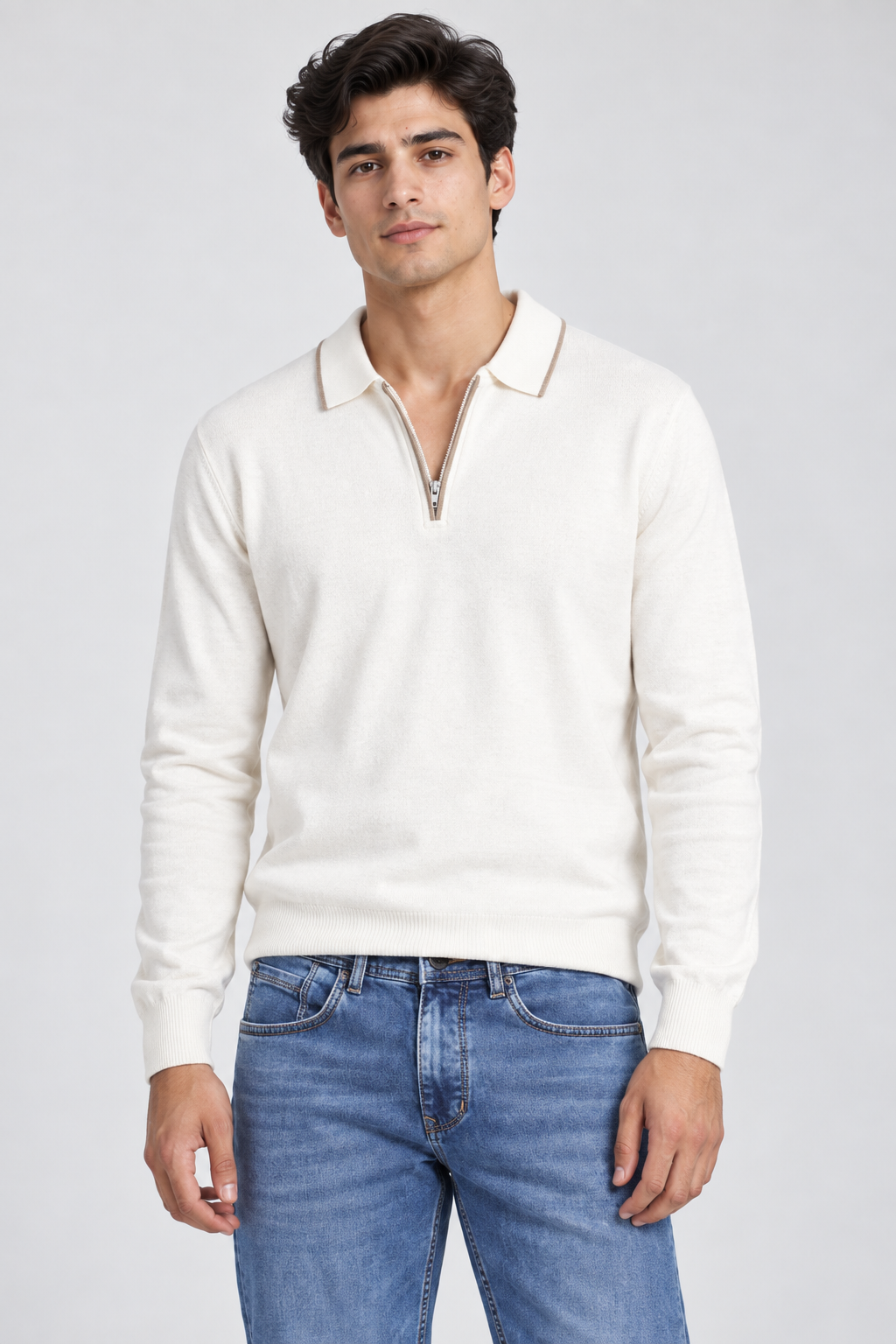 Men’s Regular Fit Knitted Quarter-Zip Sweater – Off White