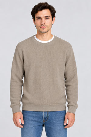 Men’s Regular Fit Knitted Cotton Crew Neck Sweater – Sand