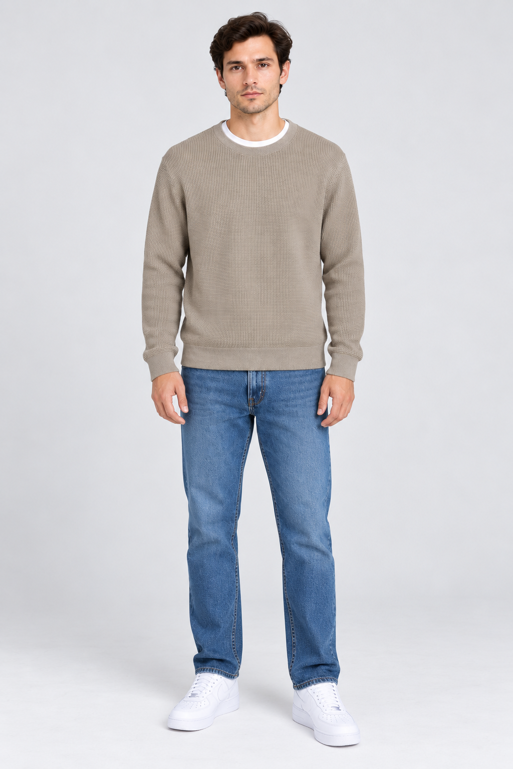 Men’s Regular Fit Knitted Cotton Crew Neck Sweater – Sand