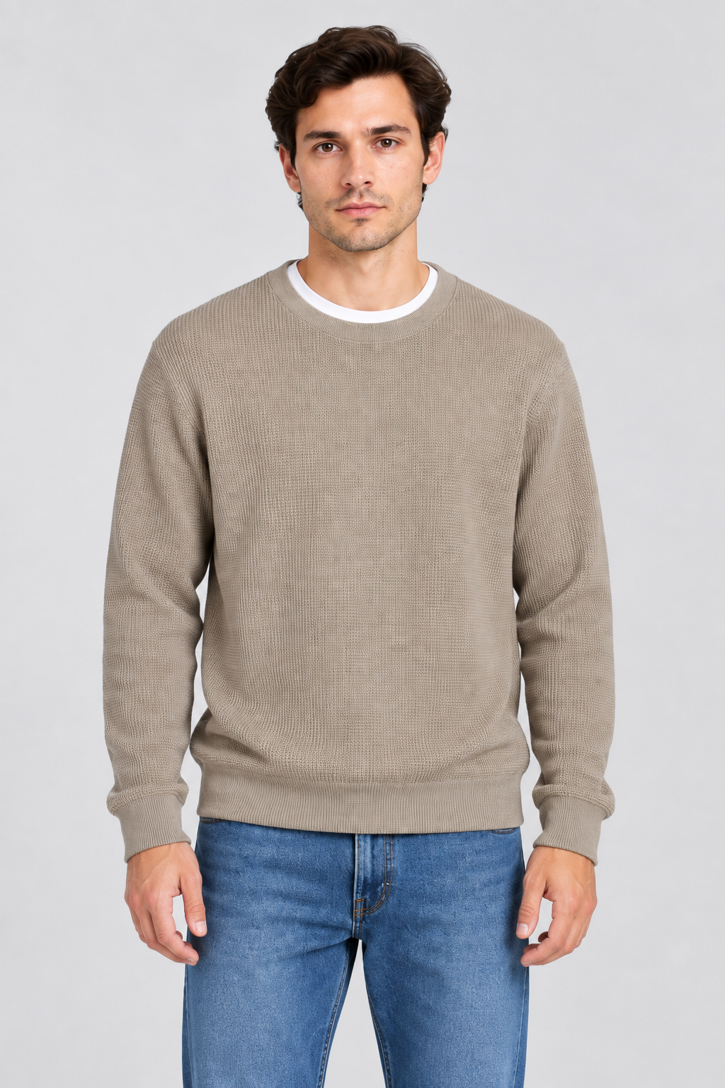 Men’s Regular Fit Knitted Cotton Crew Neck Sweater – Sand