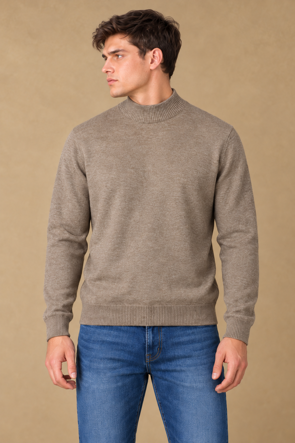 Men’s Khaki Melange Vislon Mock Neck Sweater – Regular Fit Full Sleeve Knitted Sweater-M-403W26-KHAKI MELANGE
