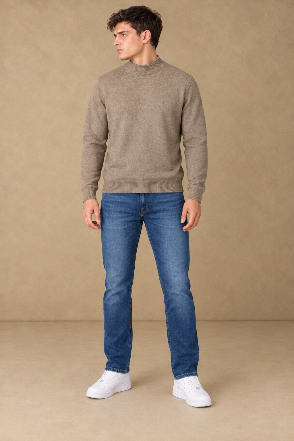 Men’s Khaki Melange Vislon Mock Neck Sweater – Regular Fit Full Sleeve Knitted Sweater-M-403W26-KHAKI MELANGE