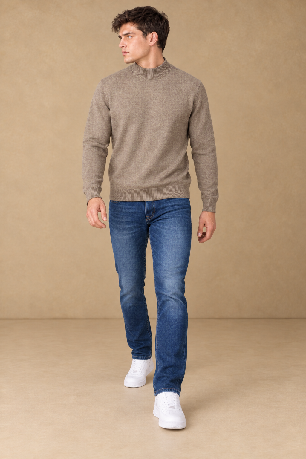 Men’s Khaki Melange Vislon Mock Neck Sweater – Regular Fit Full Sleeve Knitted Sweater-M-403W26-KHAKI MELANGE