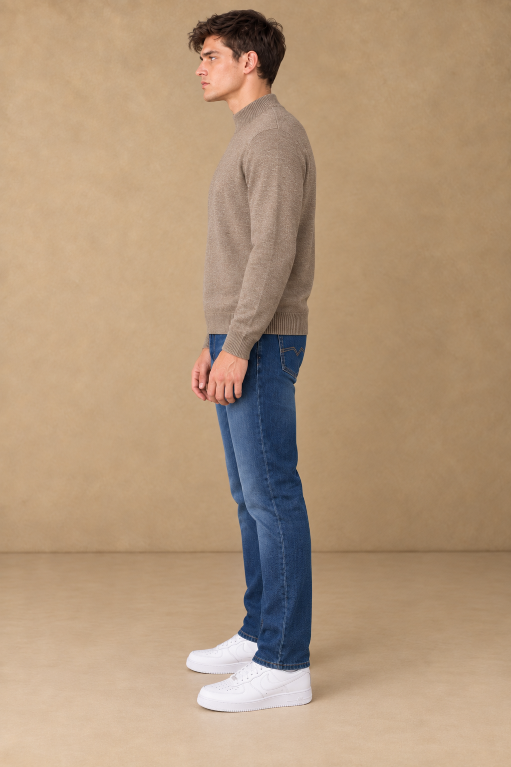 Men’s Khaki Melange Vislon Mock Neck Sweater – Regular Fit Full Sleeve Knitted Sweater-M-403W26-KHAKI MELANGE