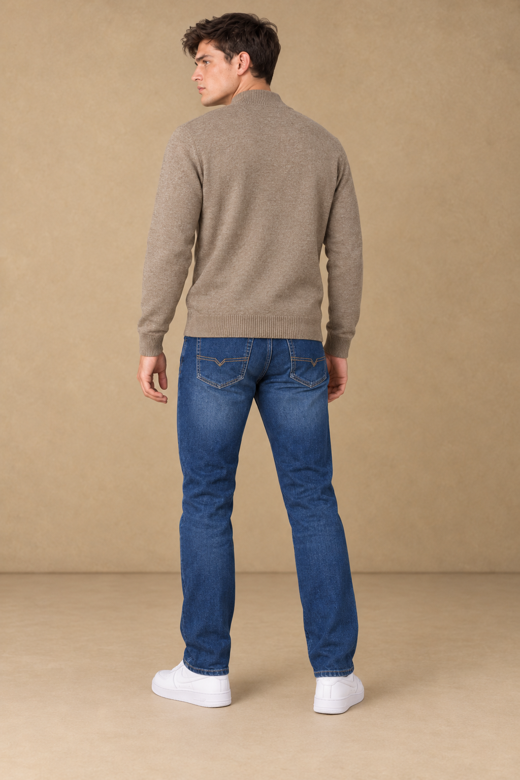 Men’s Khaki Melange Vislon Mock Neck Sweater – Regular Fit Full Sleeve Knitted Sweater-M-403W26-KHAKI MELANGE