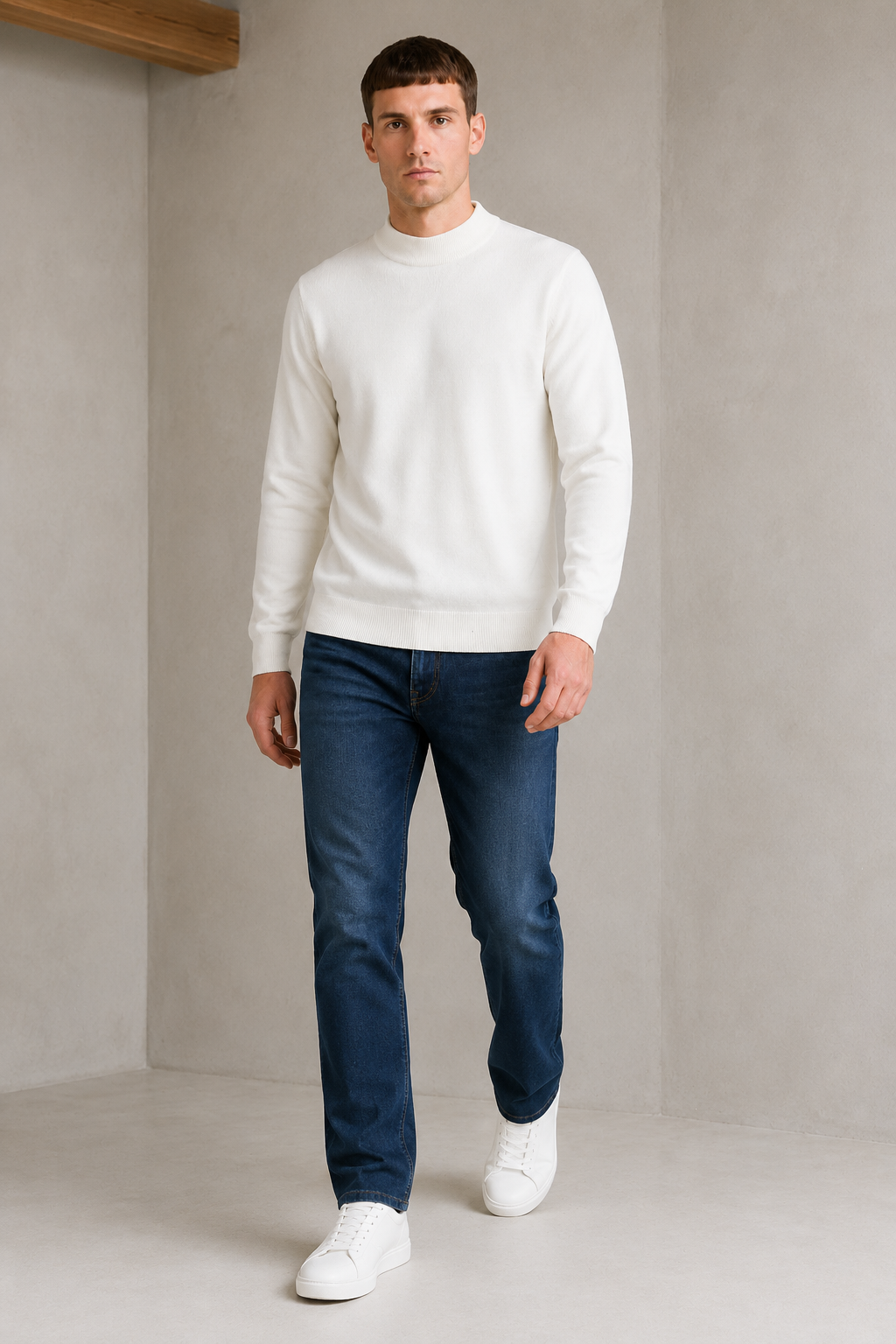 Men’s Off-White Vislon Mock Neck Sweater – Regular Fit Full Sleeve Winter Pullover