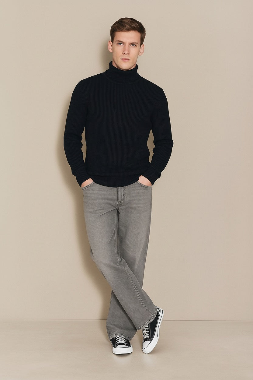 Men Black Solid High Neck Sweater