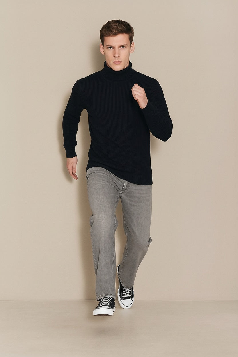 Men Black Solid High Neck Sweater