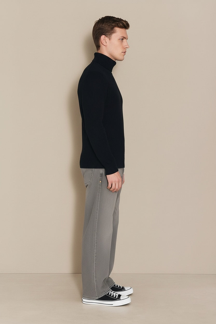 Men Black Solid High Neck Sweater