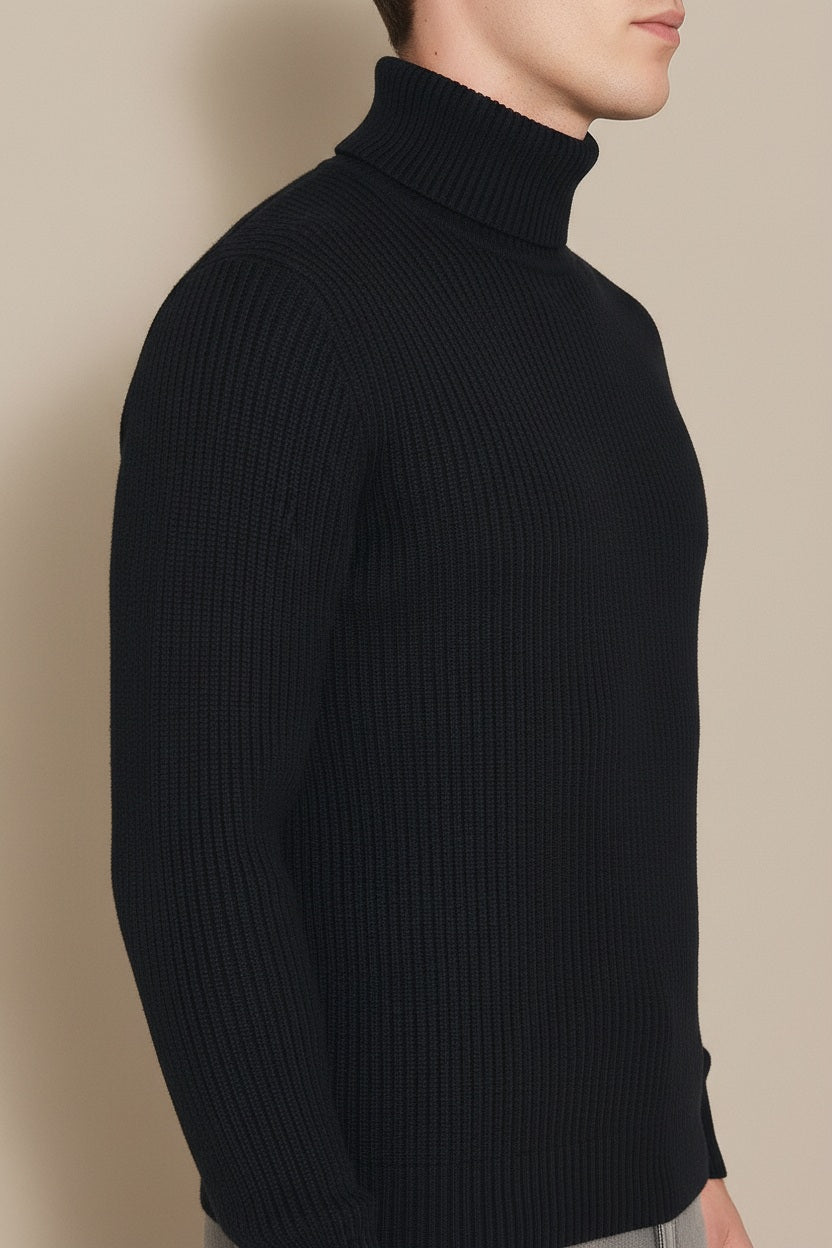 Men Black Solid High Neck Sweater