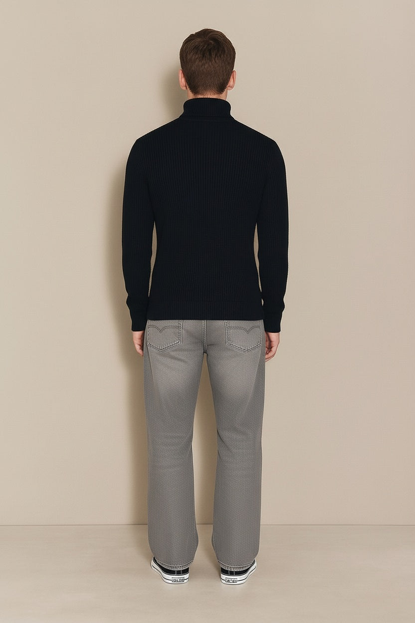 Men Black Solid High Neck Sweater