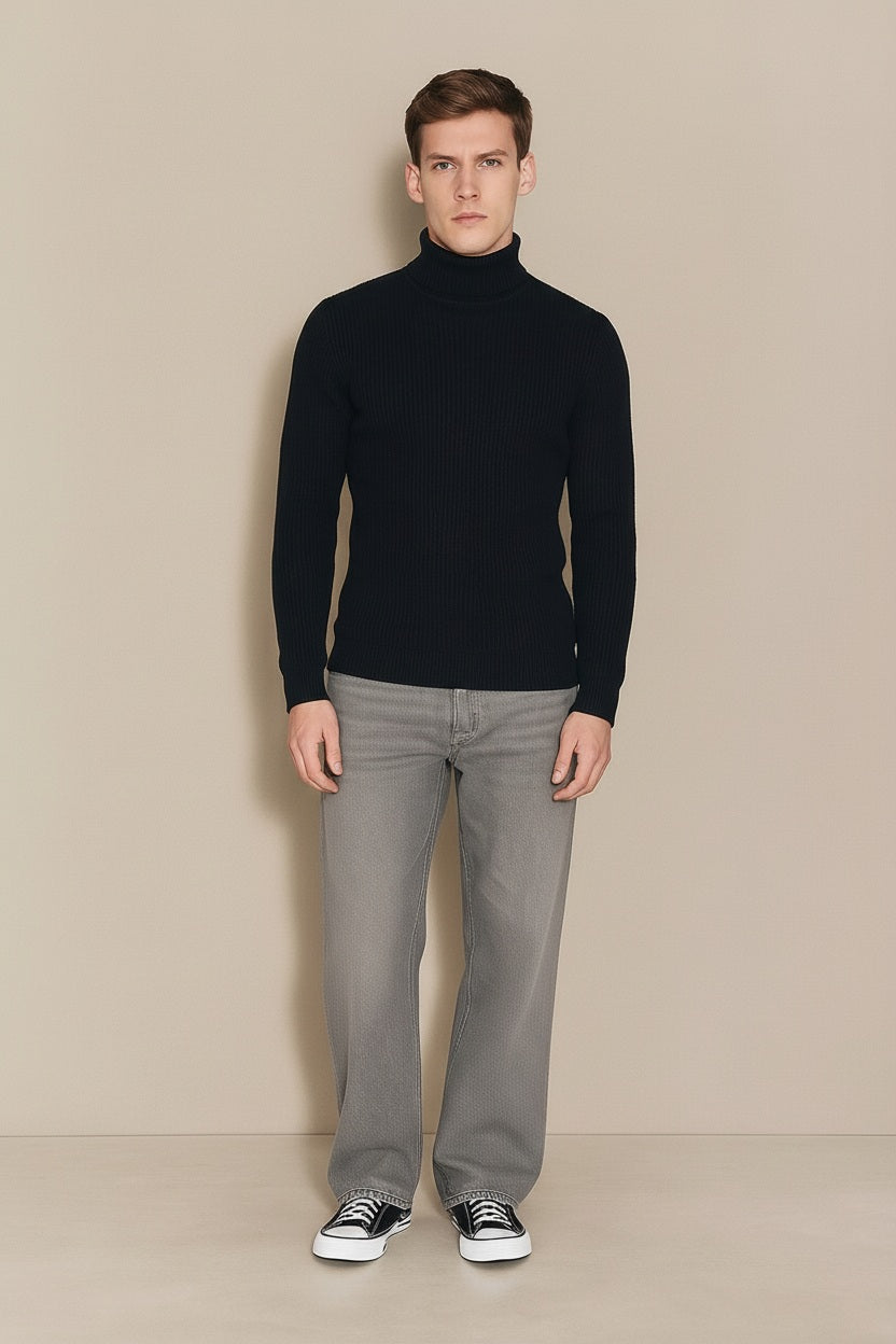 Men Black Solid High Neck Sweater