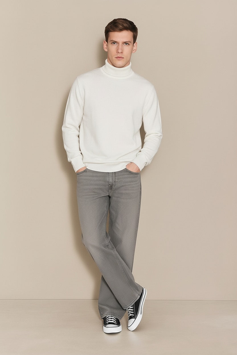 Men White Solid High Neck Sweater