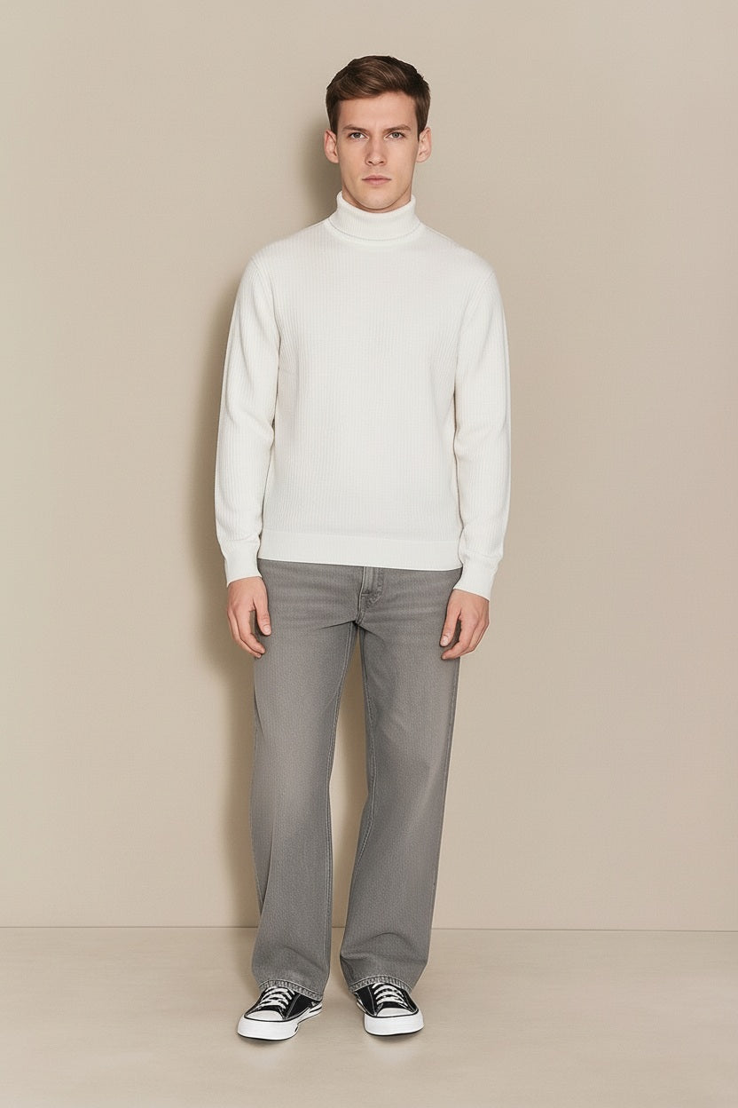 Men White Solid High Neck Sweater