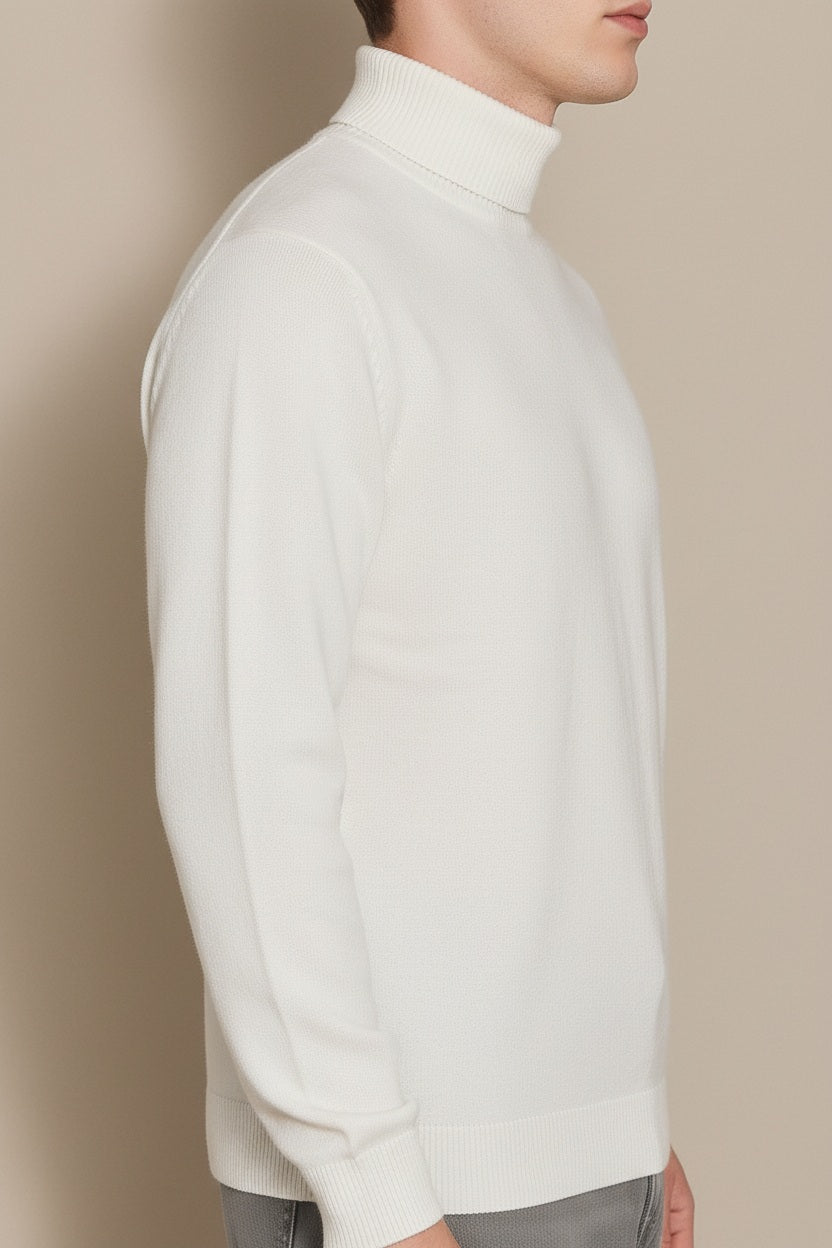 Men White Solid High Neck Sweater
