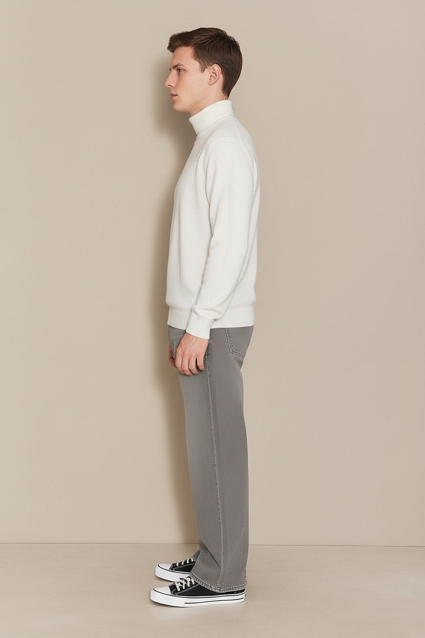 Men White Solid High Neck Sweater