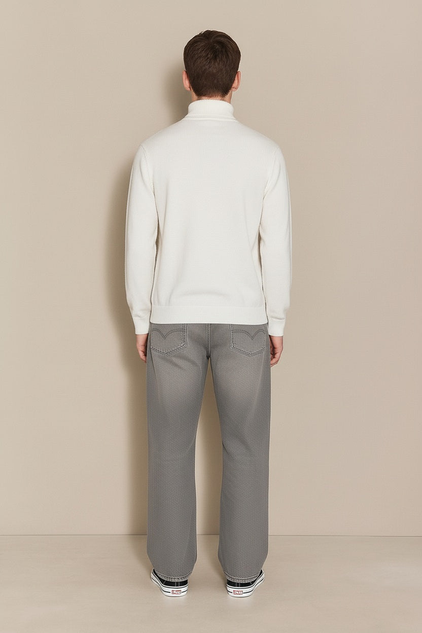 Men White Solid High Neck Sweater
