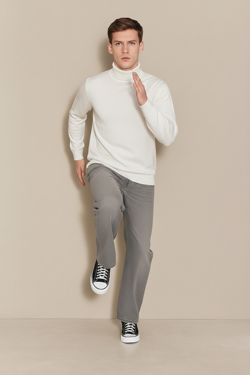 Men White Solid High Neck Sweater