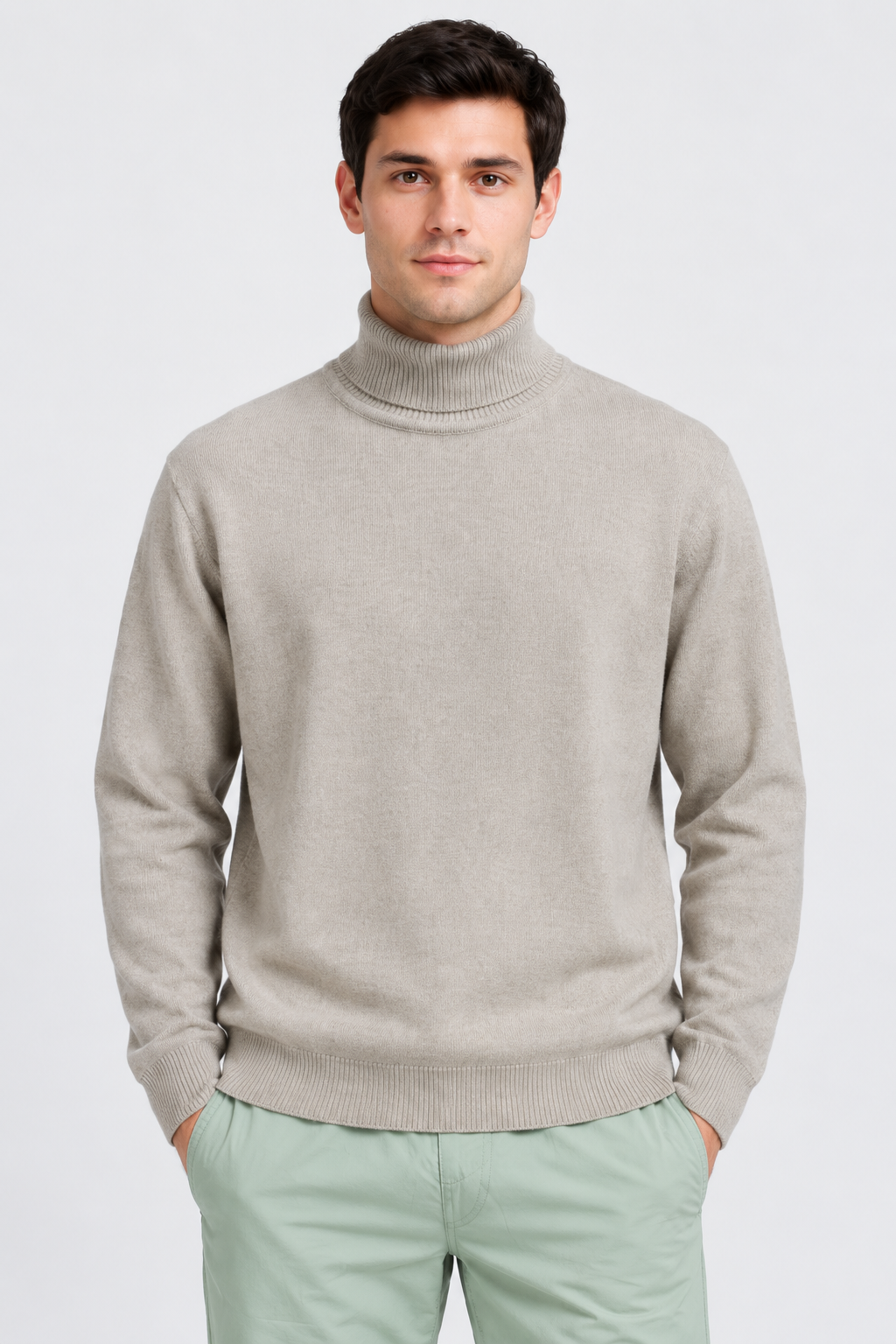 Men’s khakhi Melange Cotton Turtleneck Sweater – Regular Fit Full Sleeve Knitted Pullover