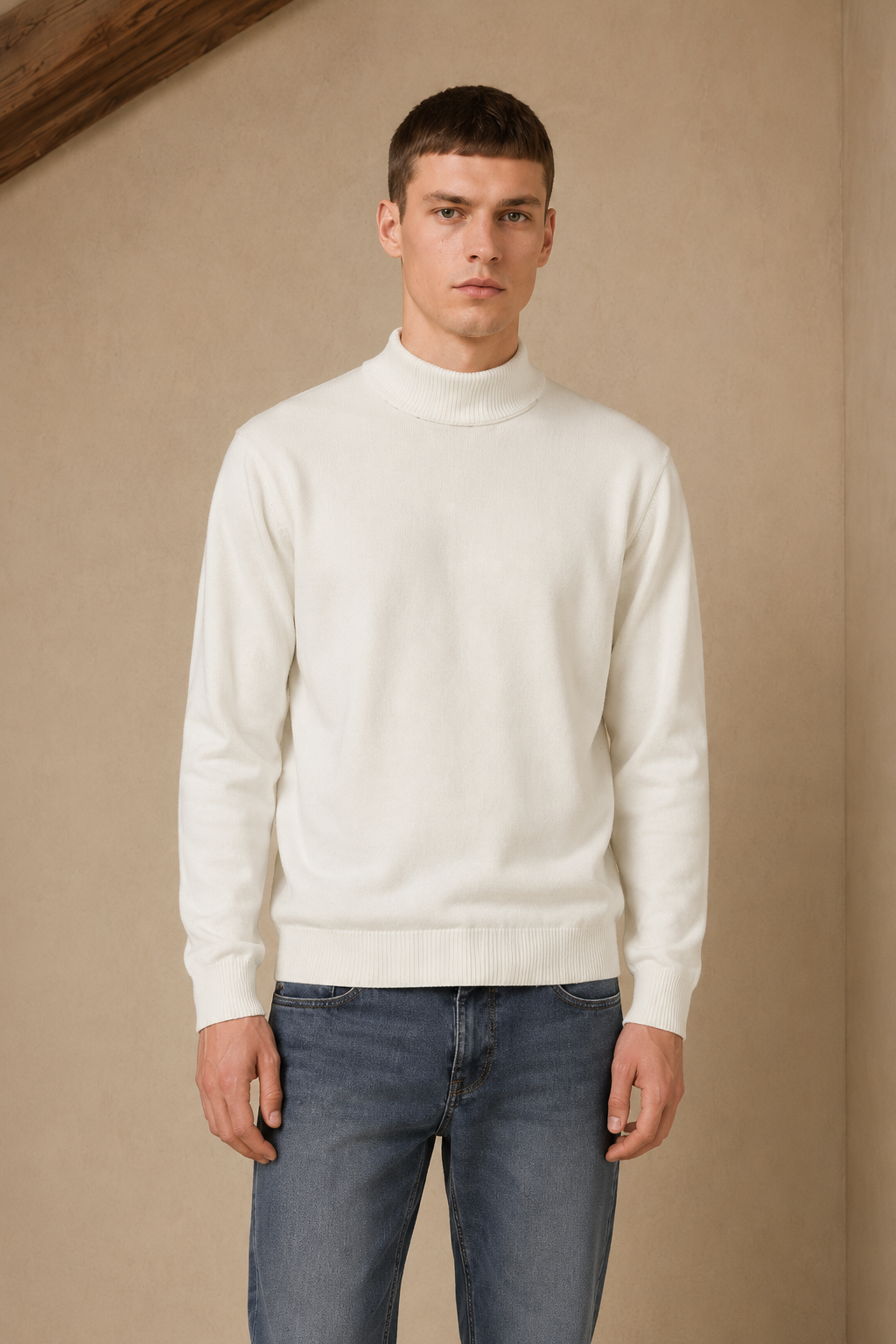 Men’s Off-White Cotton Turtle Neck Sweater – Regular Fit Full Sleeve Winter Pullover