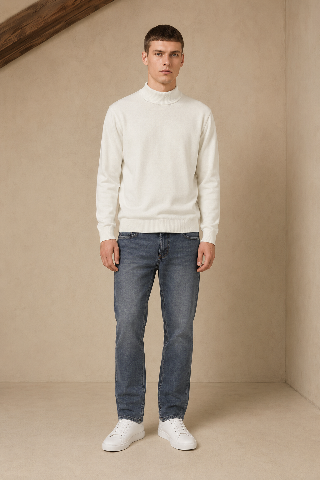 Men’s Off-White Cotton Turtle Neck Sweater – Regular Fit Full Sleeve Winter Pullover