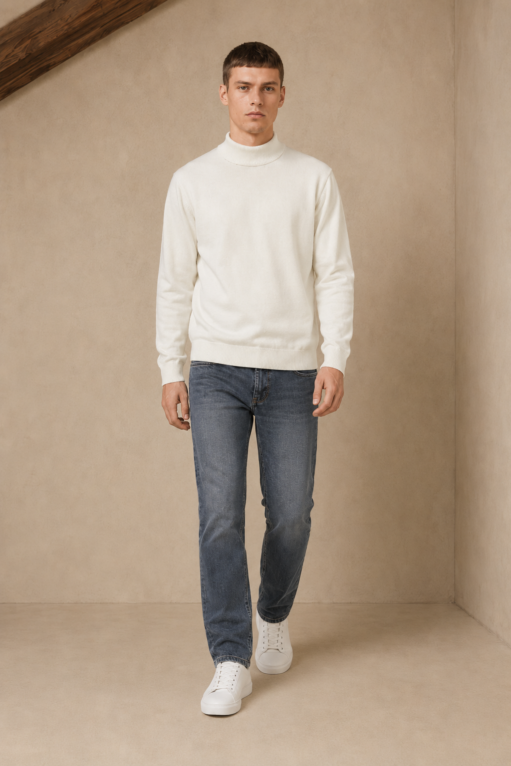Men’s Off-White Cotton Turtle Neck Sweater – Regular Fit Full Sleeve Winter Pullover