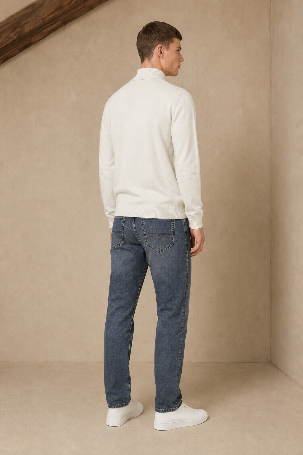 Men’s Off-White Cotton Turtle Neck Sweater – Regular Fit Full Sleeve Winter Pullover