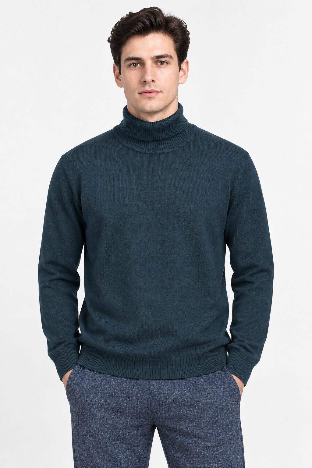 Men’s Teal Cotton Turtleneck Sweater – Regular Fit Full Sleeve Knitted Pullover